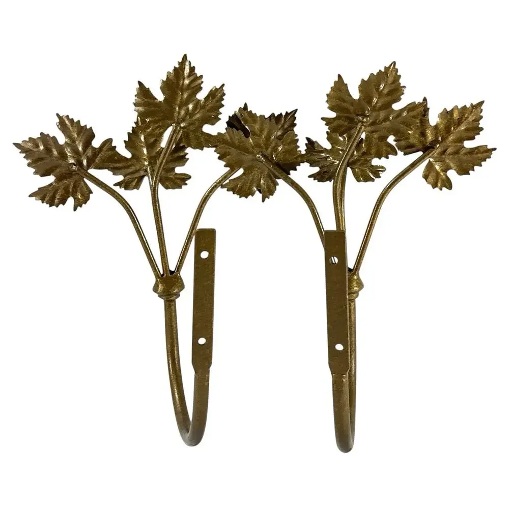 Vintage Brass Leaf Wall Hooks Pair Hollywood Regency Curtain Tiebacks Grapevine